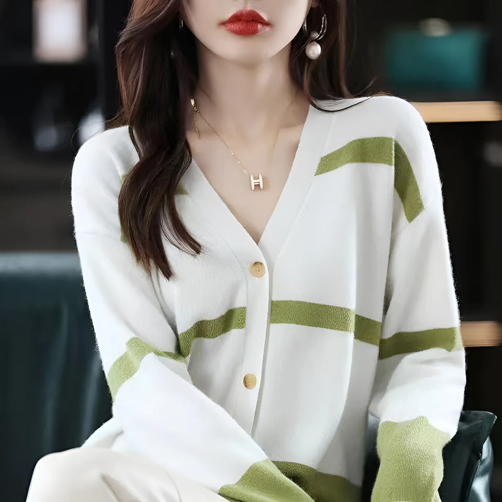 Women's slim fit striped knitted cardigan with V-neck, 3D pattern, and button front in multiple colours.