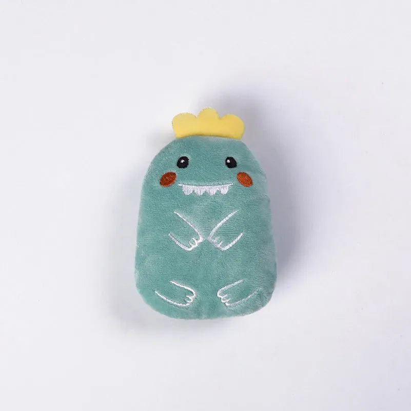 Small plush cat toy with catnip for teeth grinding and chewing play, measuring 11cm long in various animal designs and colours