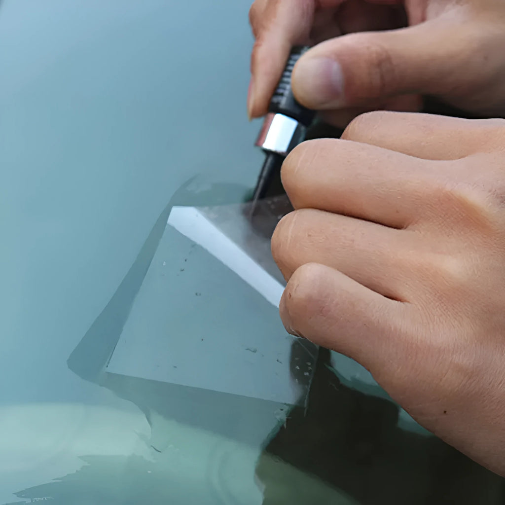 Yellow three-piece car glass repair tool set with resin bottle for windshield crack repair