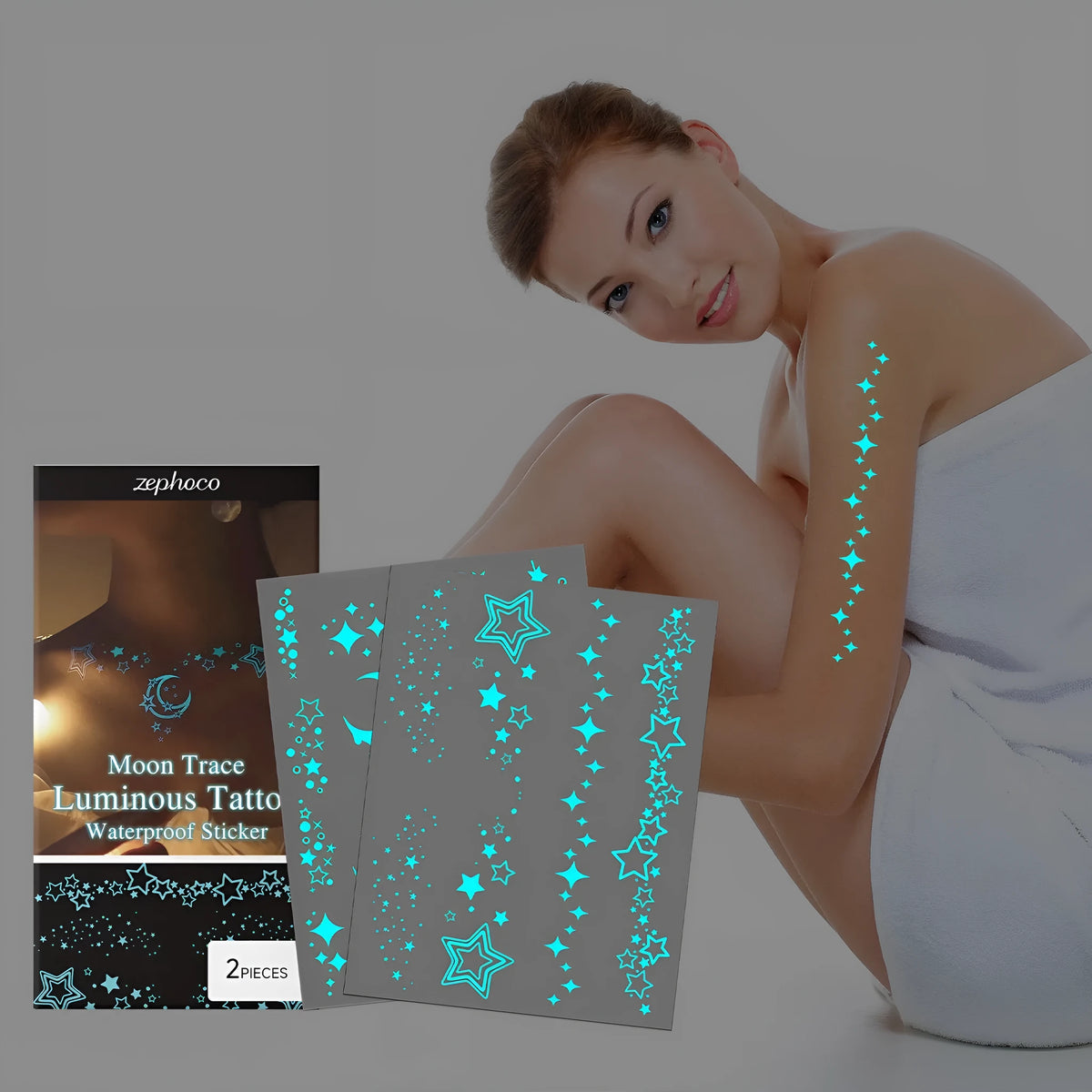 Luminous tattoo stickers 2-piece set with paste formula containing glycerin aloe soybean oil iron oxide