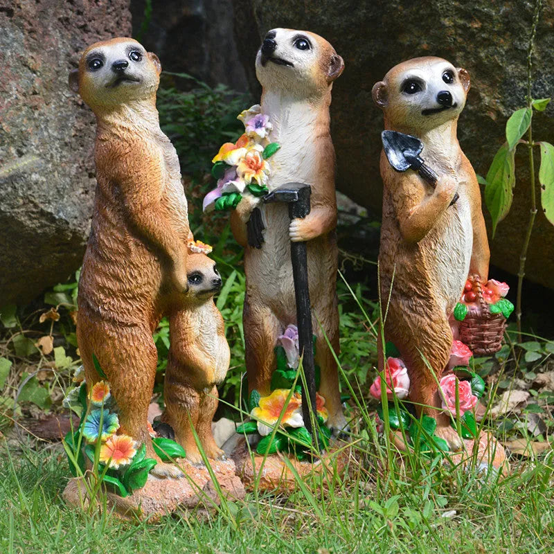Yellow-brown straw hat mongoose ornaments for bonsai and garden decoration in three design variations