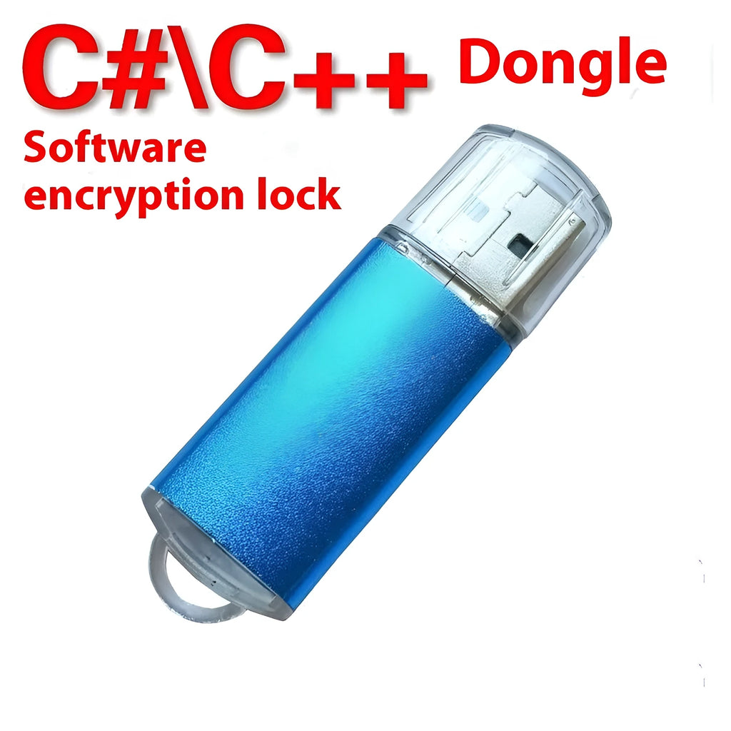 A USB software protection dongle with a metal shell, shown in multiple colour options including black, blue, and gold.