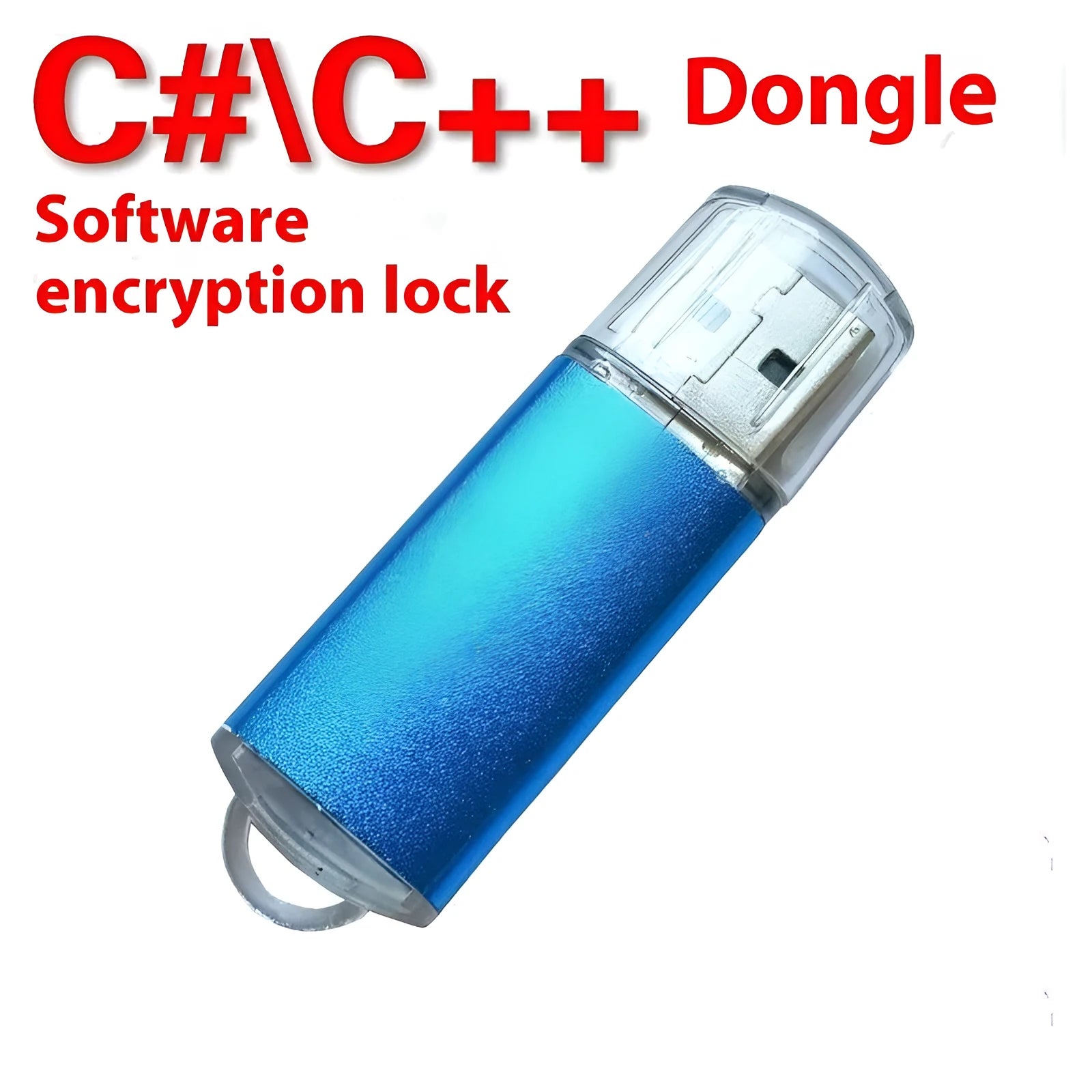 A USB software protection dongle with a metal shell, shown in multiple colour options including black, blue, and gold.