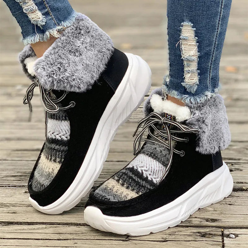 Women's beige lace-up snow boots with suede upper, thick sole, and plush lining