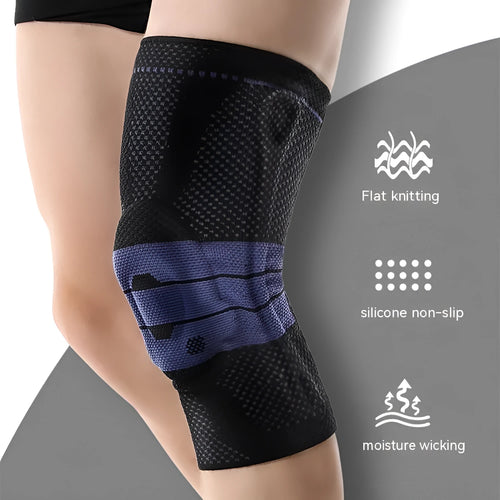 Adult black and blue sports knee pads made from nylon and spandex, shown on a knee.