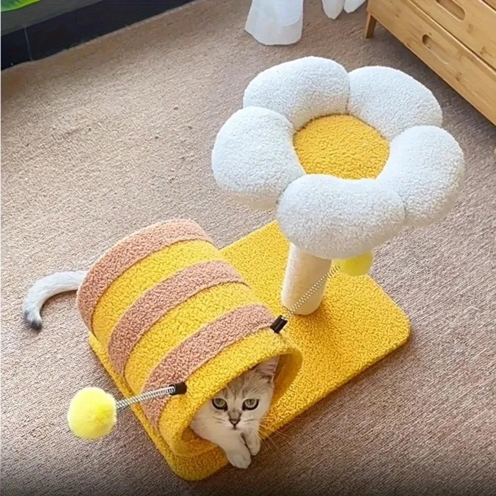 Yellow bee-shaped cat climbing frame with sisal scratching post and integrated play tunnel.