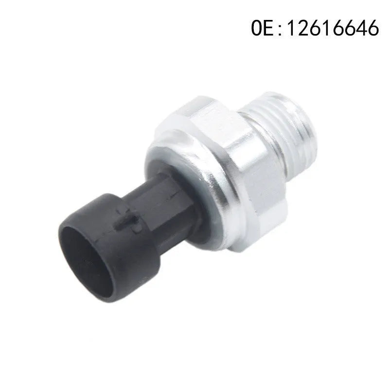 Silver metal automotive fuel pressure sensor for part numbers 12616646 and 12677836.