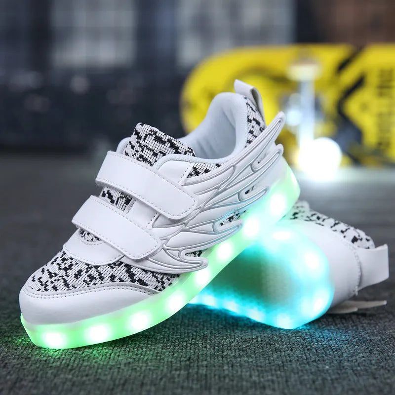 Children's plum red and white LED light up sneakers with USB charging port and hidden mode switch.