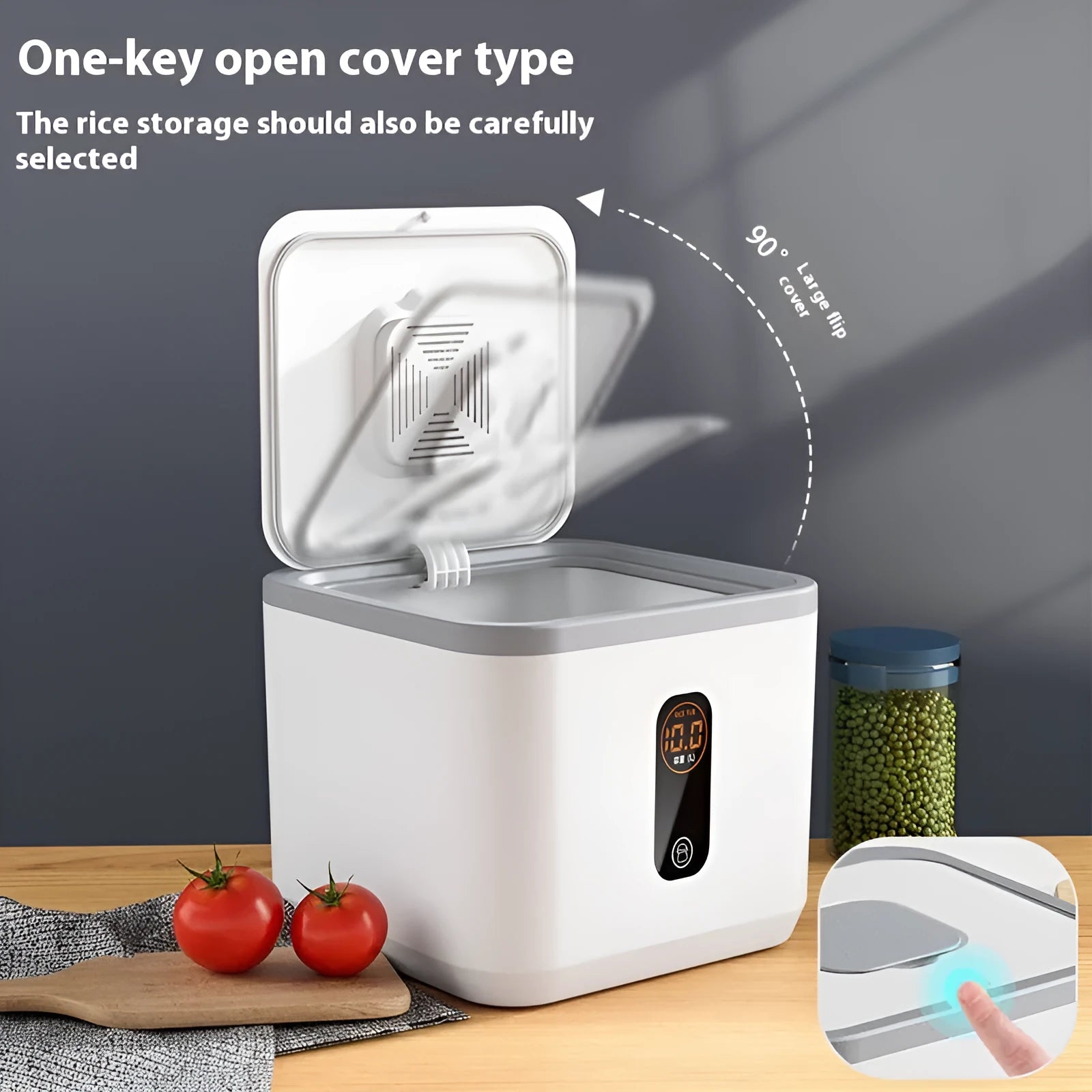 Grey plastic rice storage jar with sealed lid and measuring cup for kitchen pantry organisation