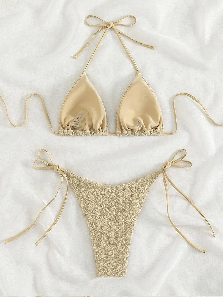 Women's high waist bikini swimsuit with side lace-up detail in khaki colour.