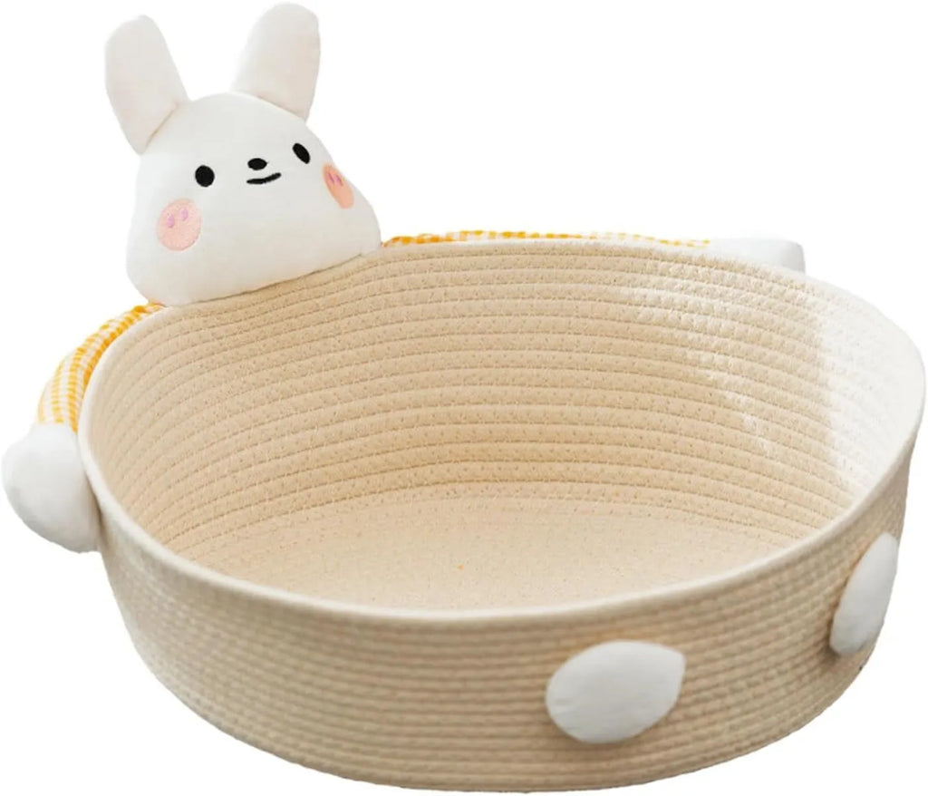 Woven cotton rope cat bed and scratcher basket in bear design, showing textured surface.