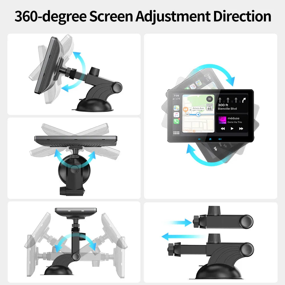 7 inch wireless CarPlay display with cigarette lighter interface and suction cup mount for universal car use