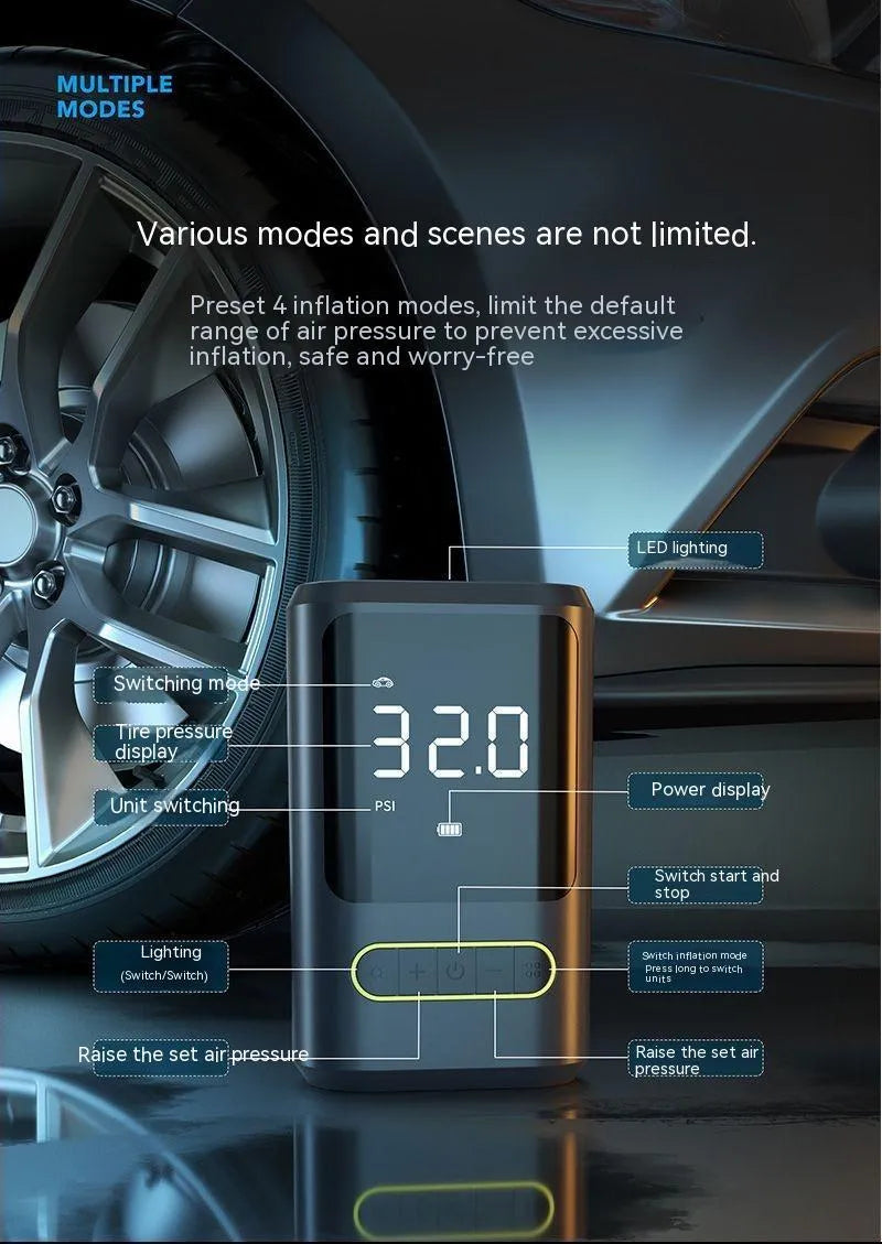 Handheld wireless digital car air pump with display screen, lithium battery power and multiple air nozzles