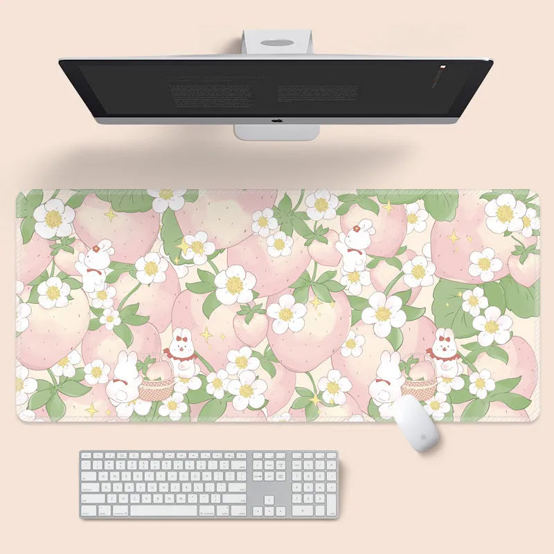 Floral pattern mouse pad on desk with keyboard, showing non-slip rubber base and colourful flower design