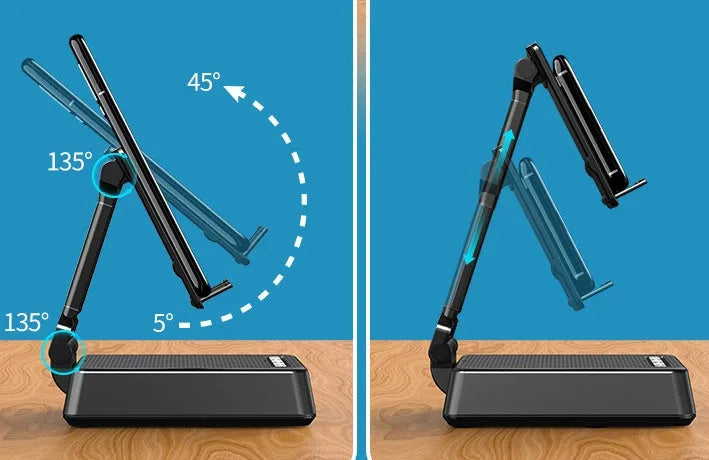 Black mobile phone stand with integrated Bluetooth speaker and microphone on a desk