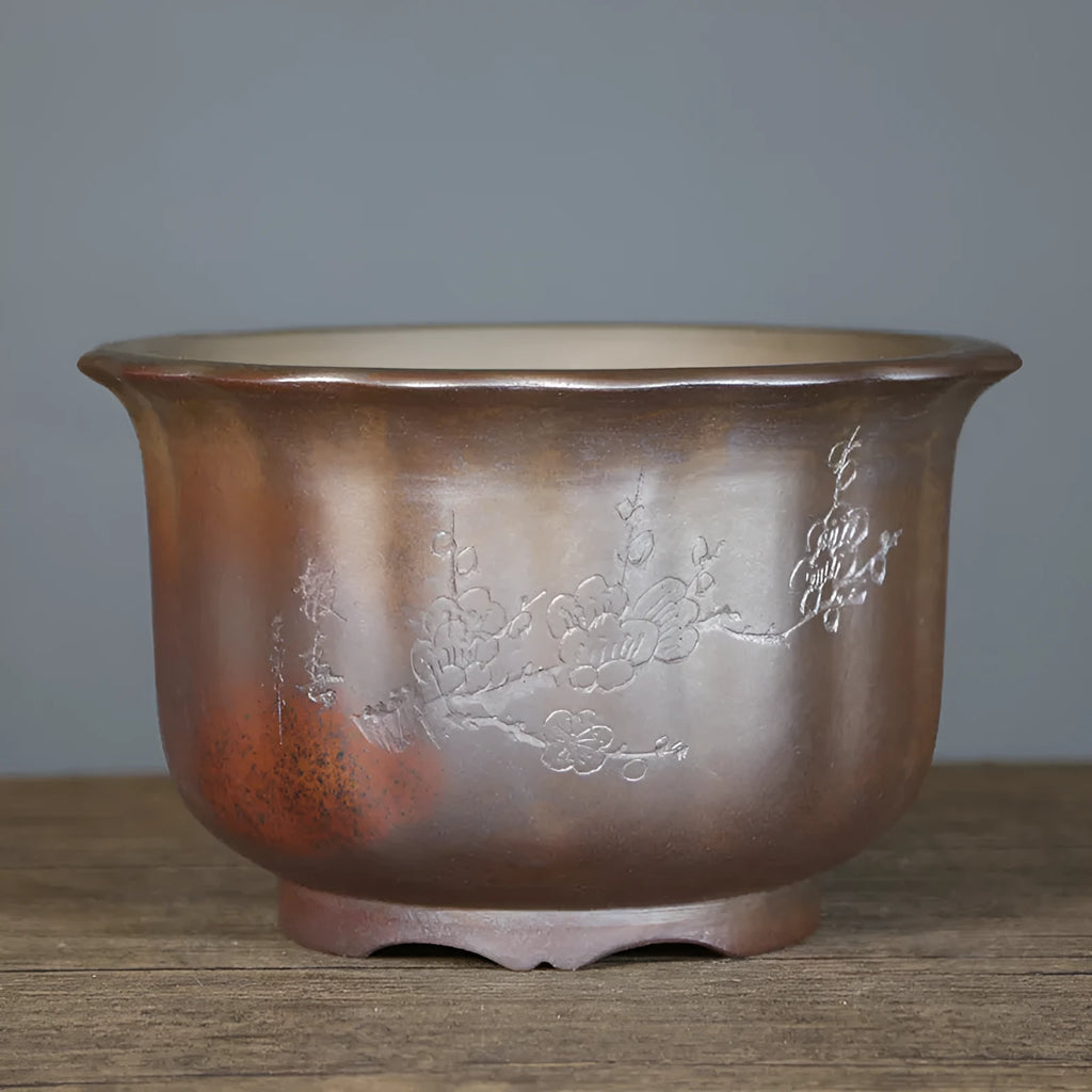 Purple sand ceramic flower pot with antique carved wood burning decoration