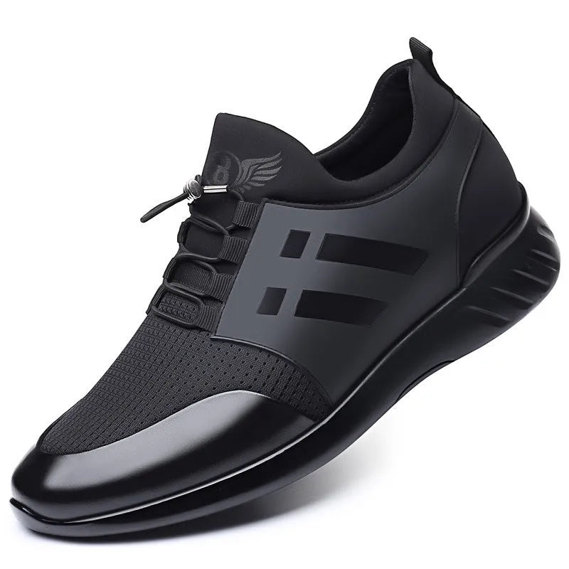 Men's black casual shoes with concealed chunky heel for height increase, shown in leather, Lycra, and mesh upper options.