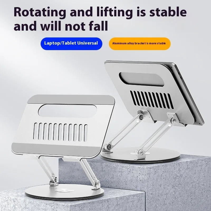 Silver aluminium alloy laptop stand with rotatable and foldable design on desk
