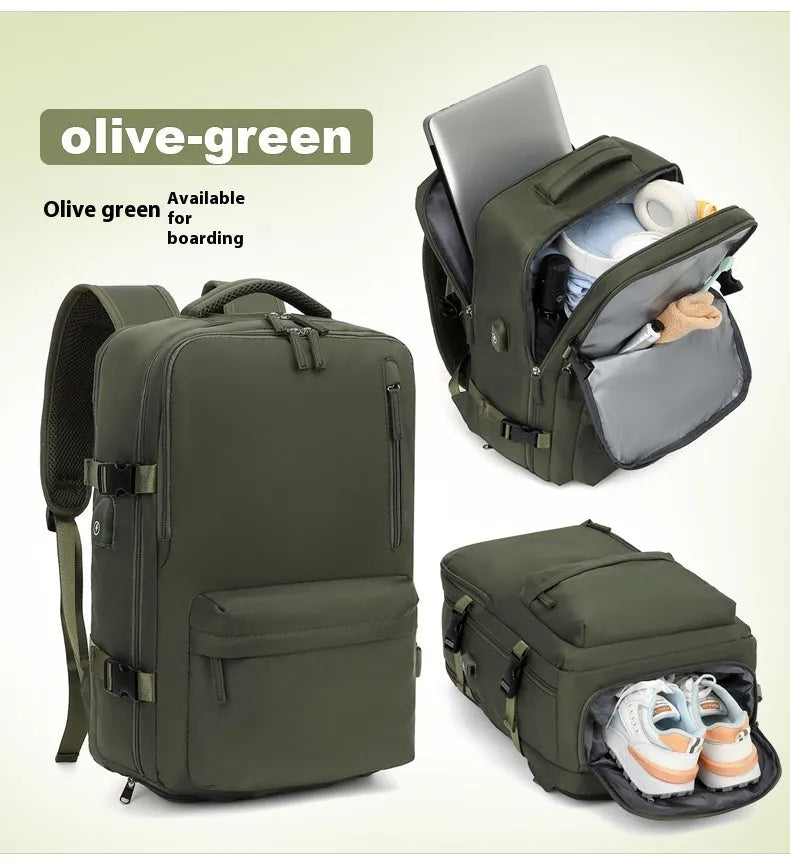 Large capacity waterproof Oxford cloth backpack in solid color with curved shoulder straps for travel and school use