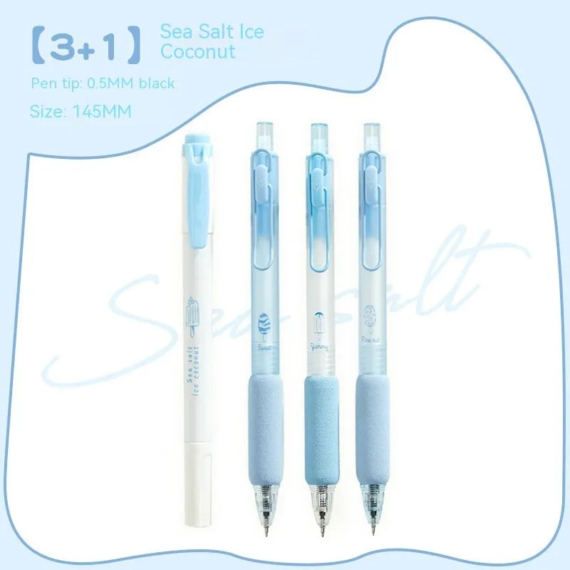 Four student calligraphy pens with 0.5mm double-headed fluorescent tips in plastic cases