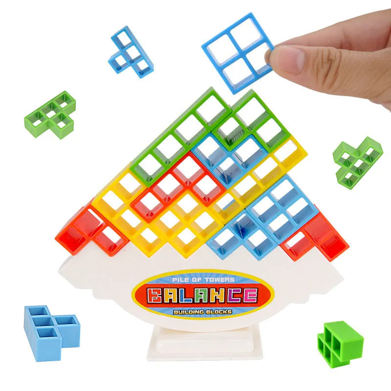 Plastic balance stacking board game with 16 colourful blocks on chassis and base
