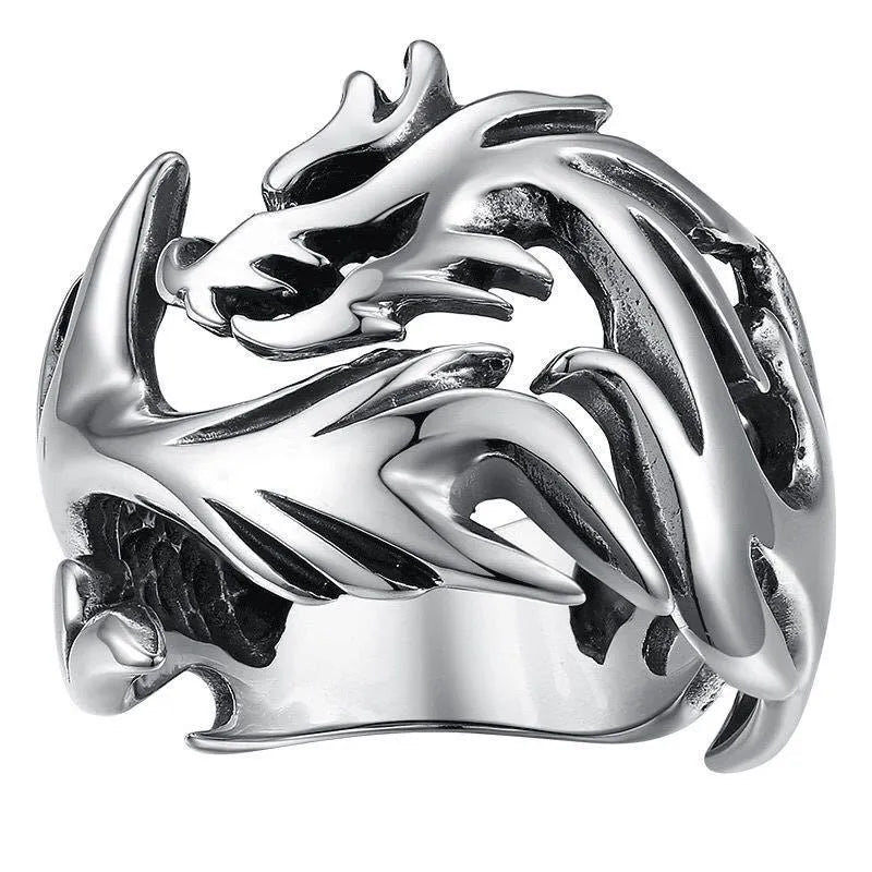 Chinese style luminous dragon pattern adjustable ring in antique silver blue and green electroplated finish
