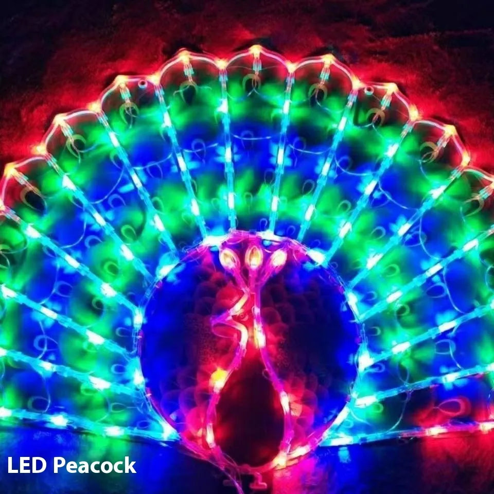 Christmas Festival outdoor decorative string lights with multiple coloured designs including peacock lamp, love heart, sunflower, and star shapes
