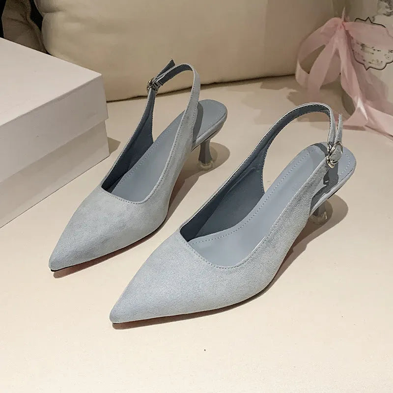 Women's pointed toe stiletto high heels in suede, shown in apricot colour on a light background.