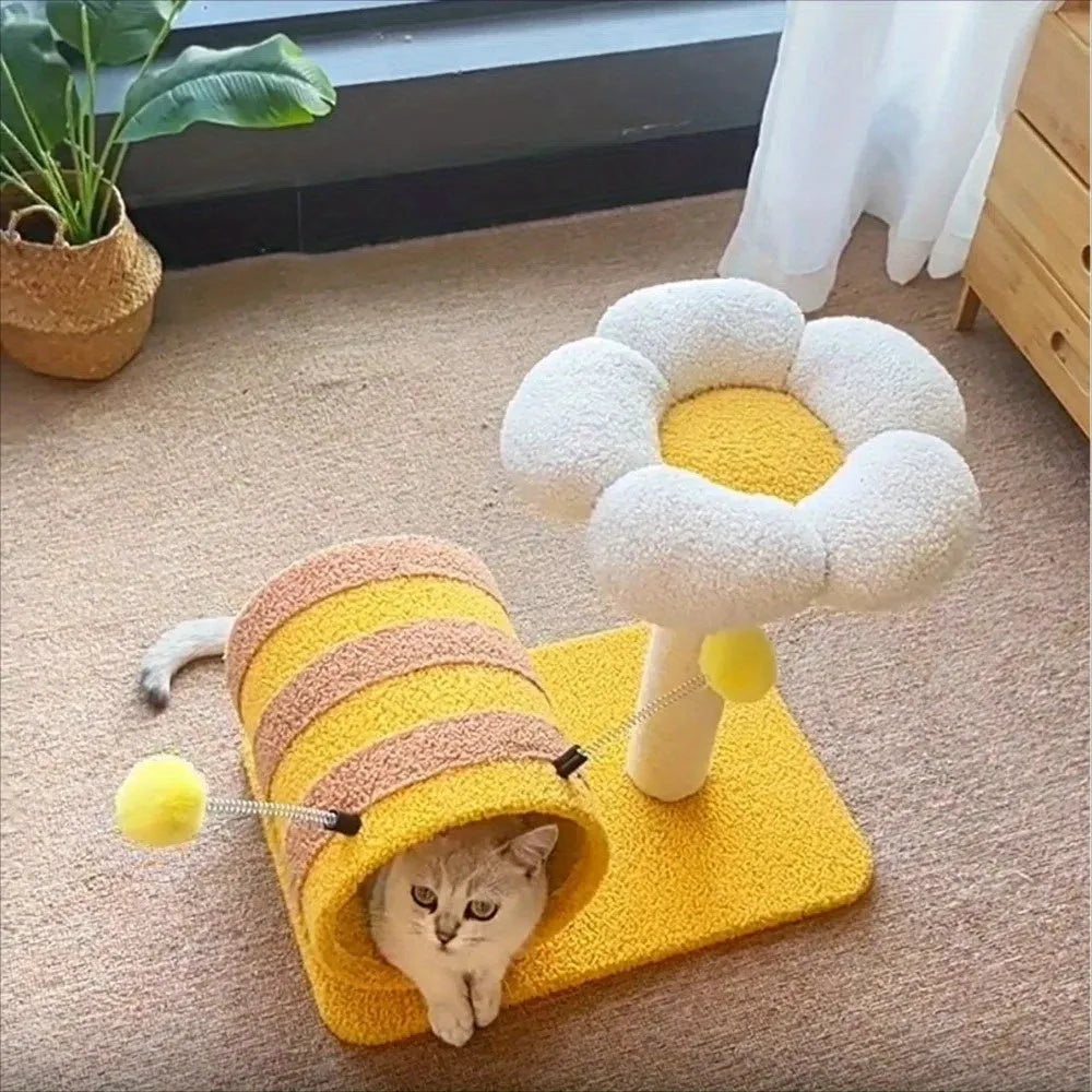 Yellow bee-shaped cat climbing frame with sisal scratching post and integrated play tunnel.