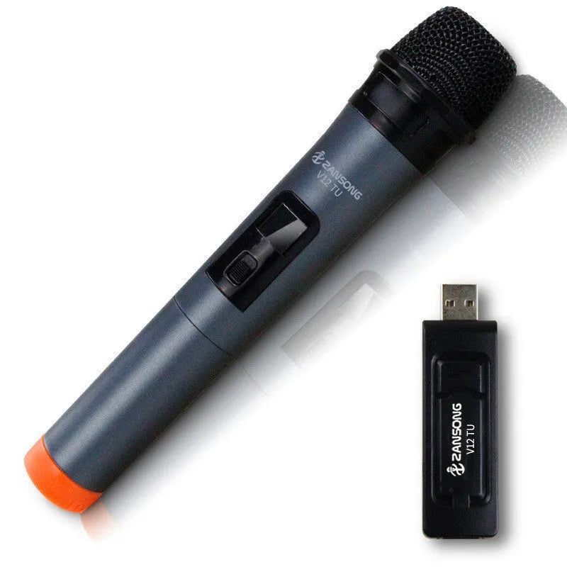 Black V12 dynamic wired microphone with USB receiver, adapter, and audio cable