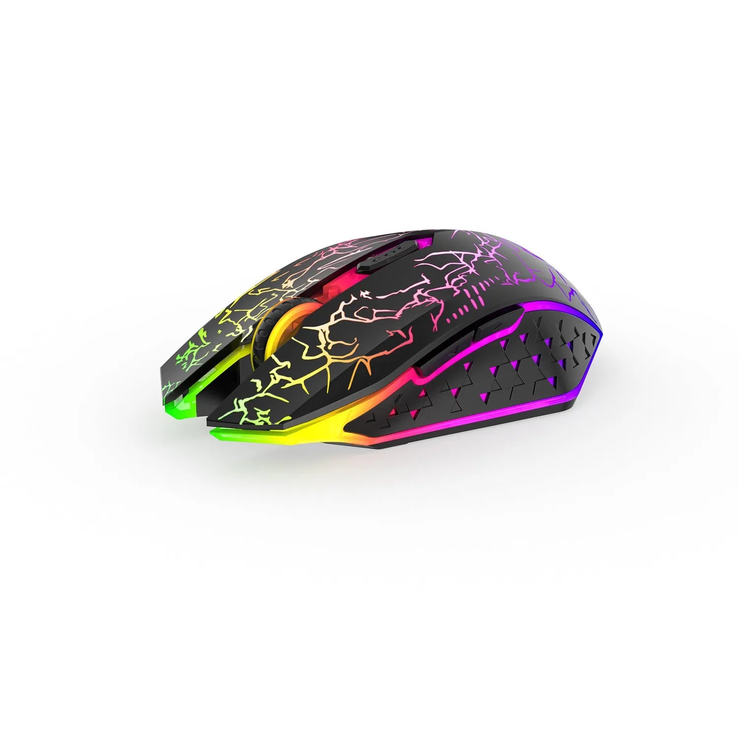 Black and white wireless gaming mouse with RGB lighting on mouse wheel