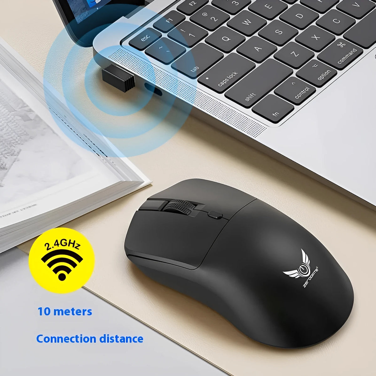 Black wireless computer mouse with three speed settings and battery compartment