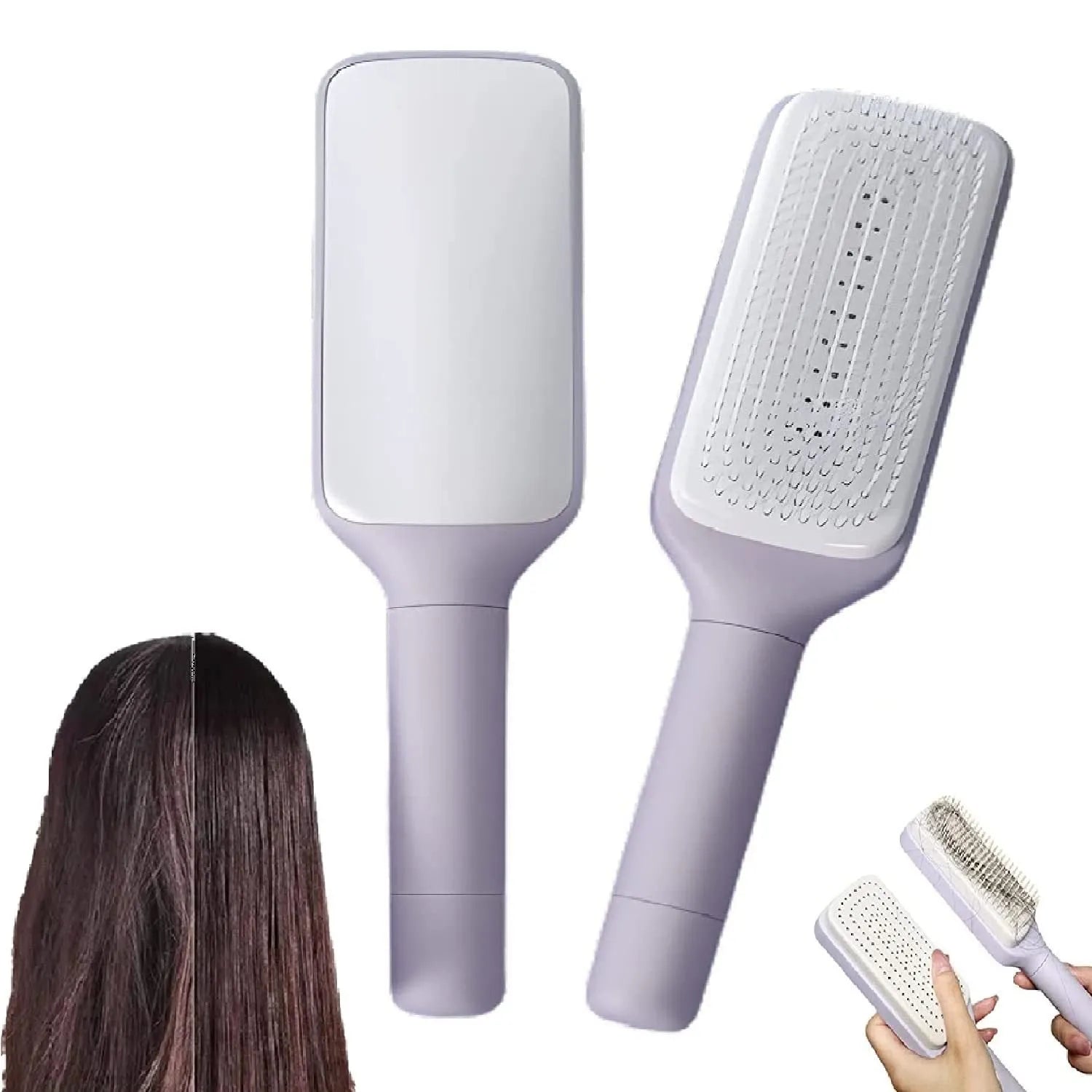 Roland purple self cleaning hair brush with rotating handle and anti-static bristles