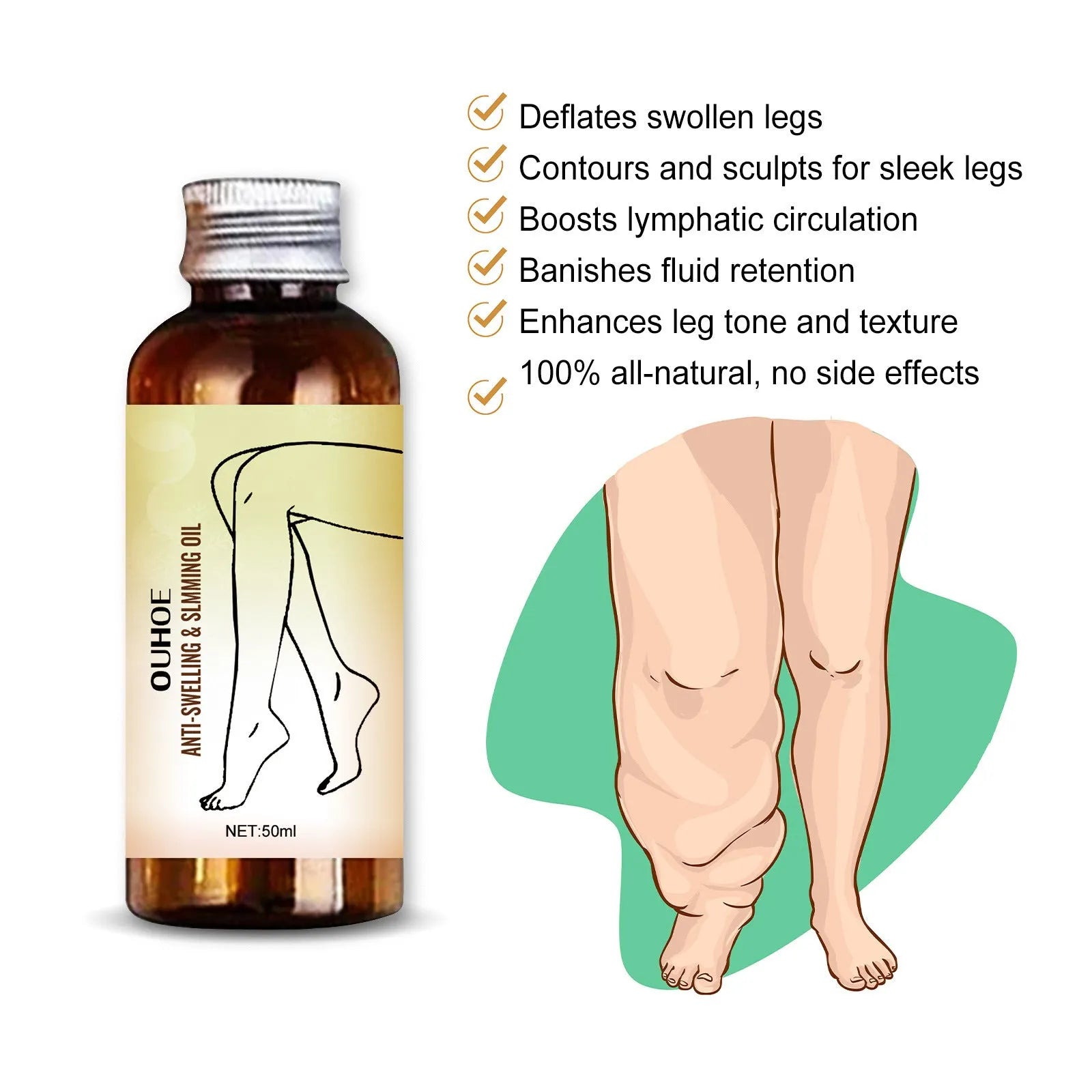 50ml bottle of essential oil for body moisturising and leg massage with natural extracts