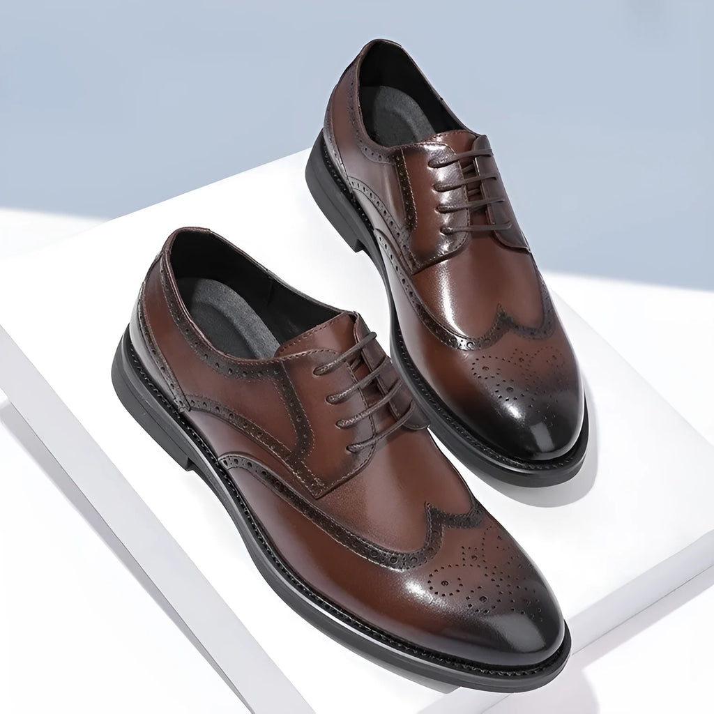 Men's black and brown brogue leather business shoes with traditional perforated detailing