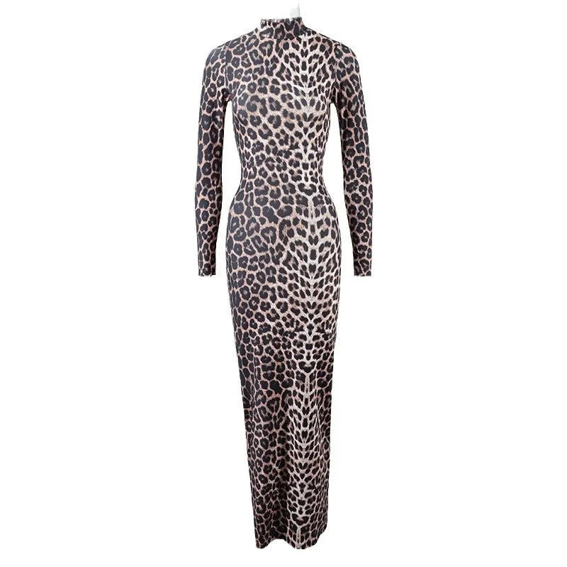 Leopard print stand collar long sleeve dress with high waist and hip skirt design