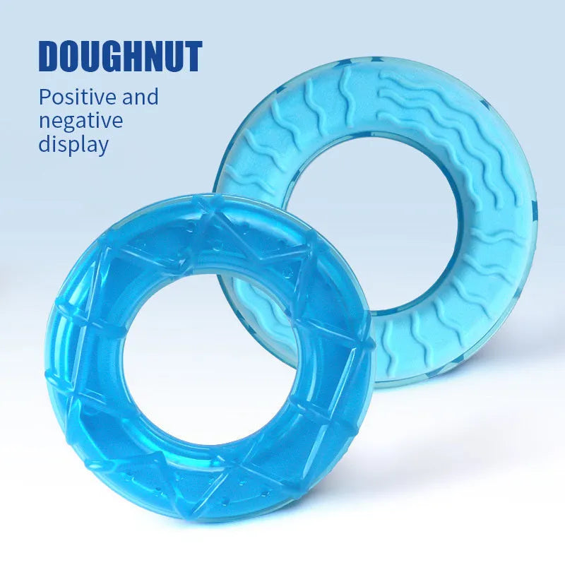 Three water filled dog toys: pacifier, popsicle, and ring shapes for cooling and teething