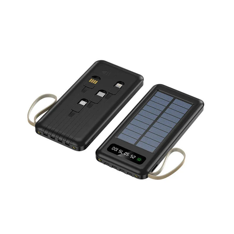 Cool black solar power bank with integrated solar panel showing capacity label and USB port.