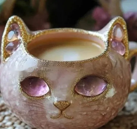 Pastel coloured geode resin mug with crystal texture and cat motif, shown in purple.