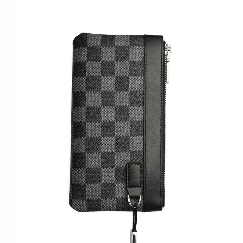 Black men's clutch wallet made from first layer cowhide leather, showing front view.