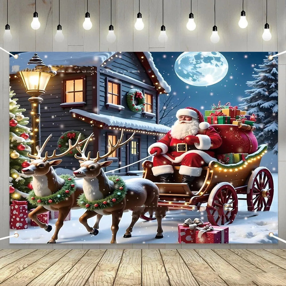 Red Christmas banner with Santa Claus and gifts at night, measuring 210 cm wide by 150 cm high.
