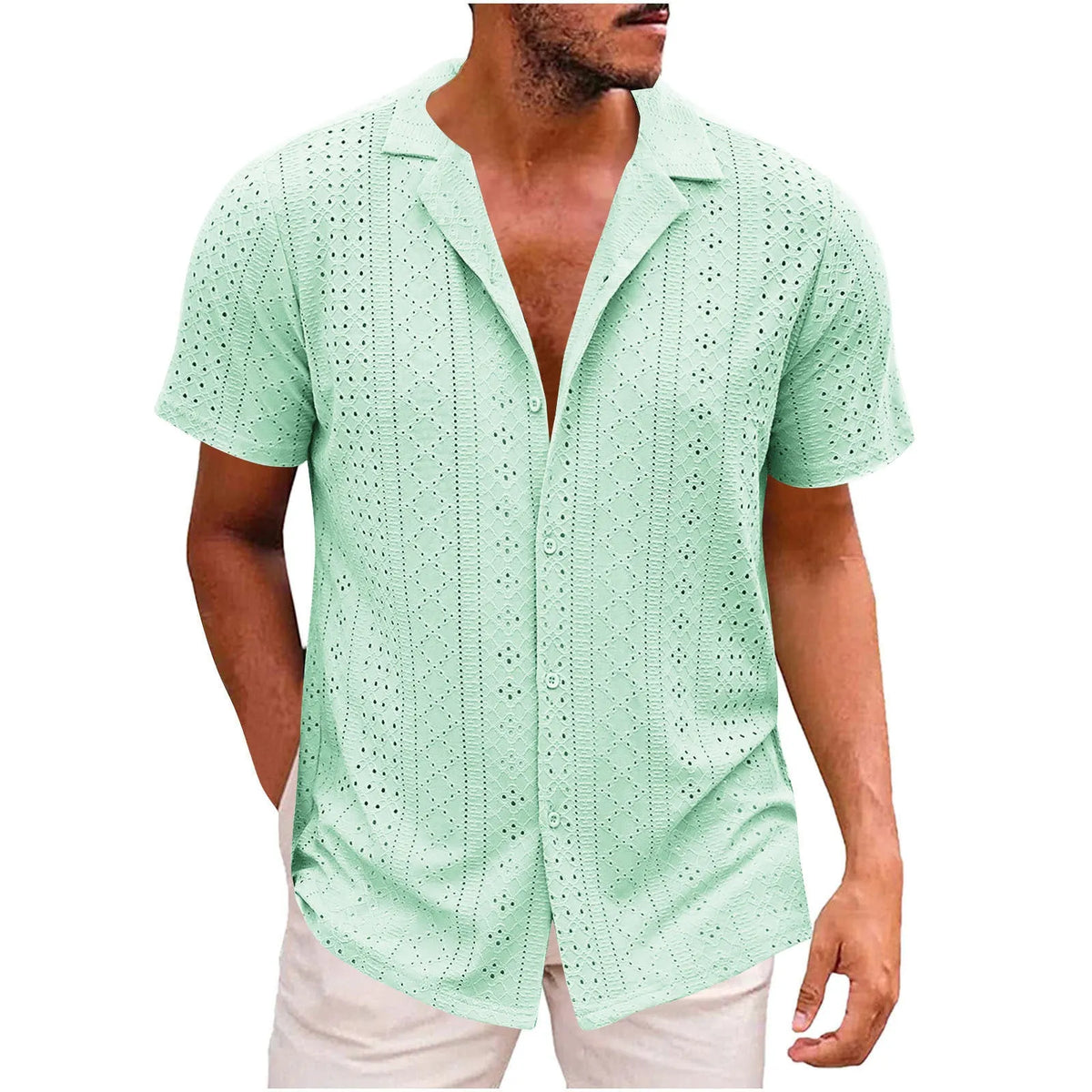 Men's breathable lightweight polyester casual shirt with lapel collar, regular fit, in white, black, wine red, grass green, light blue, purple, dark green.
