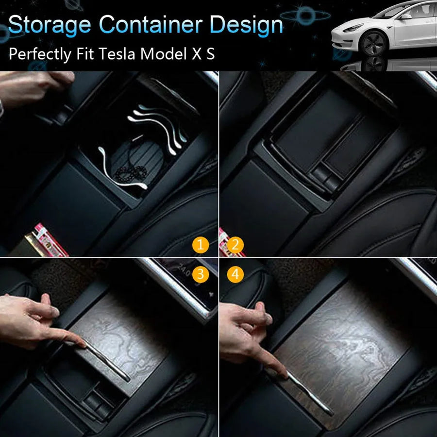 Black ABS plastic wireless charging storage box with QI fast charging support on a desk.