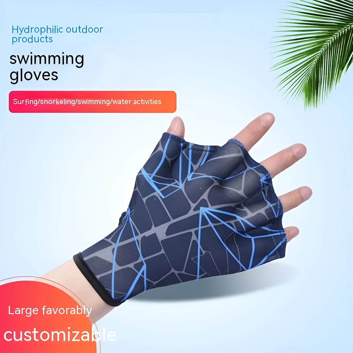 Duck feet webbed swimming gloves in nylon material showing webbed finger design and available colour prints