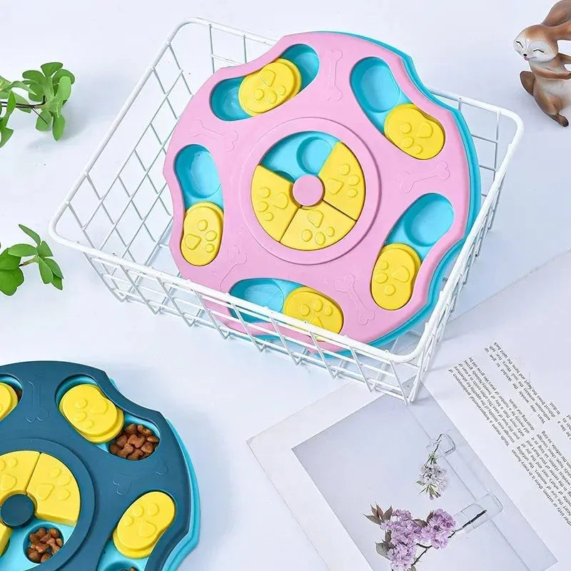 Blue dog puzzle feeder bowl with removable difficulty components for interactive slow feeding