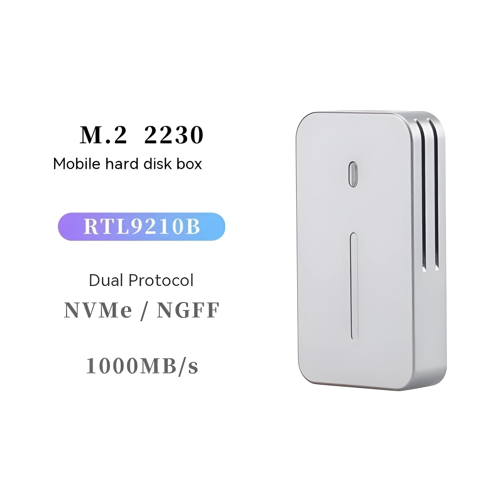 Aluminium alloy external SSD enclosure with CNC-machined shell showing dual protocol support and compact dimensions