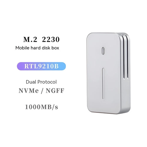 Aluminium alloy external SSD enclosure with CNC-machined shell showing dual protocol support and compact dimensions