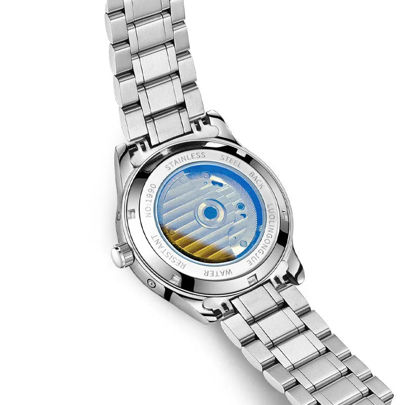 Men's stainless steel mechanical business watch with sapphire glass and leather strap