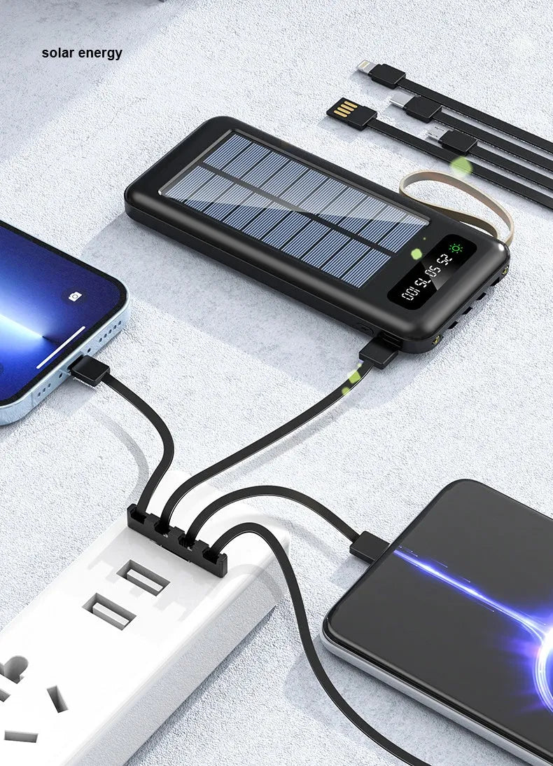Cool black solar power bank with integrated solar panel showing capacity label and USB port.