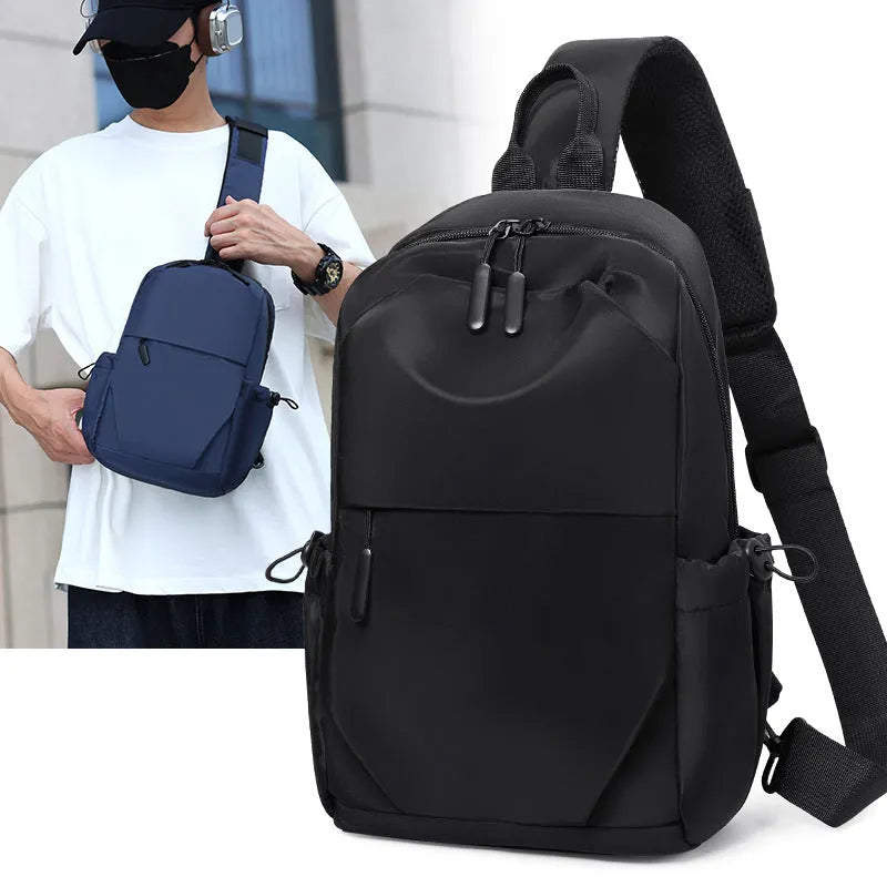 Men's grey lightweight chest bag showing shoulder strap and front compartment